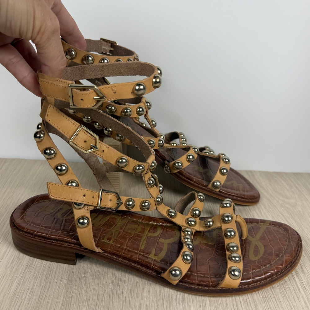 Gladiator Sandals Sam Edelman Womens 8.5M Tan Eaven Studded Strappy Flat Boho